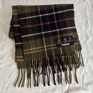 Barbour Olive and Gold Tartan Plaid Scarf Wool & Cashmere w/ Fringe